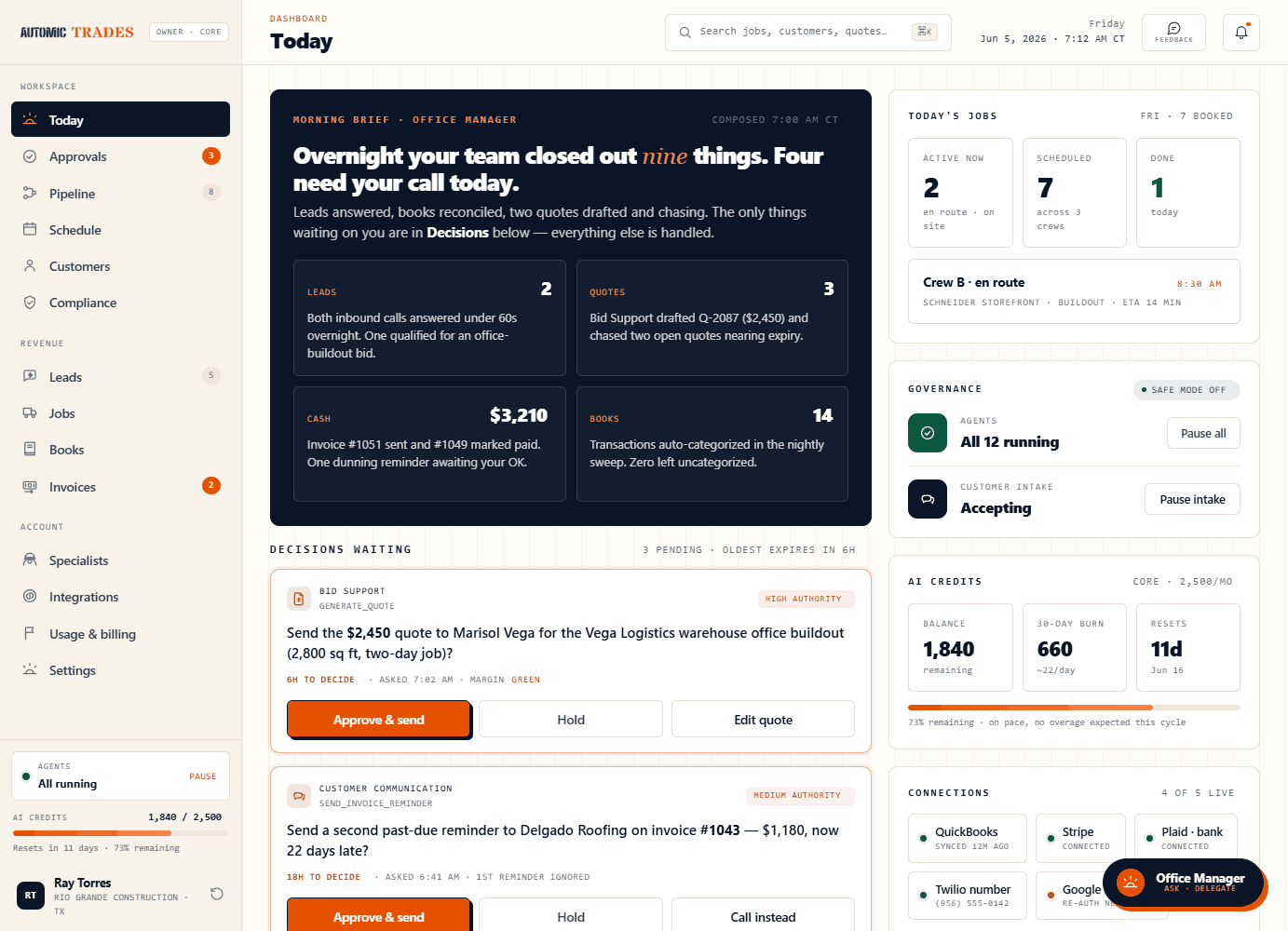 The Automic Trades desktop dashboard — your morning brief, decisions waiting on you, today's jobs, governance and AI credits
