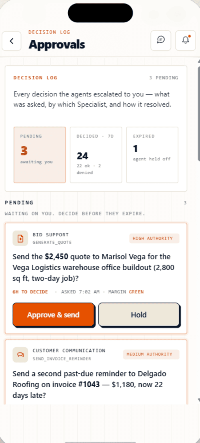 The Automic Trades owner app — the Approvals screen, with pending decisions to greenlight or deny