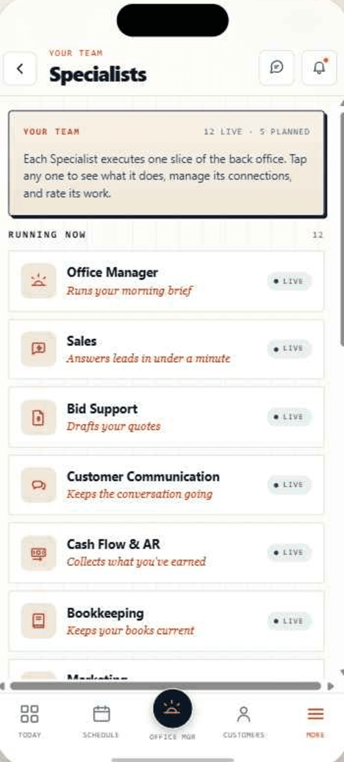 The Automic Trades app — the Specialists screen: your team of live specialists, each with its role and status